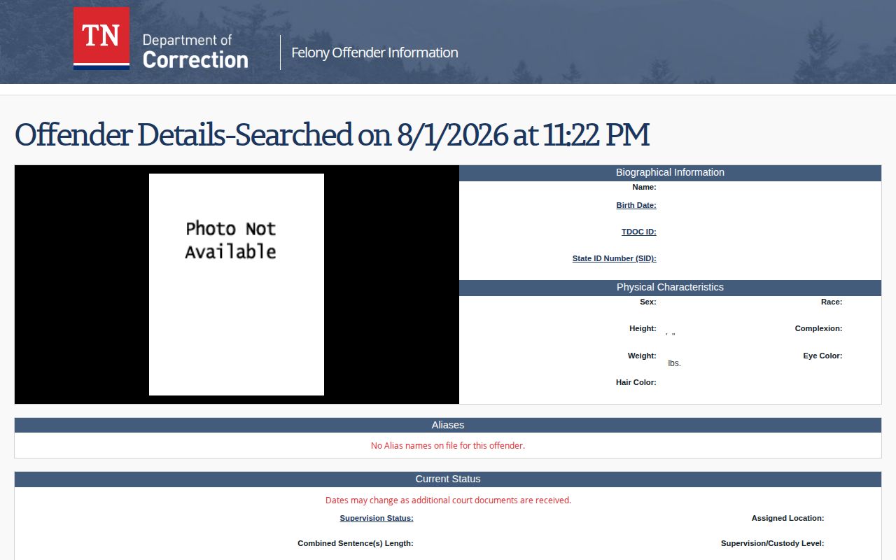 Wilson County release date lookup fields in Tennessee FOIL